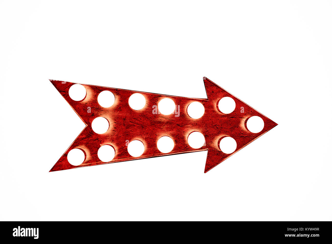 Vieux grungy 12.2005 flèche rouge comme un vintage et colorées affichage lumineux avec ampoules isolé sur fond blanc Banque D'Images