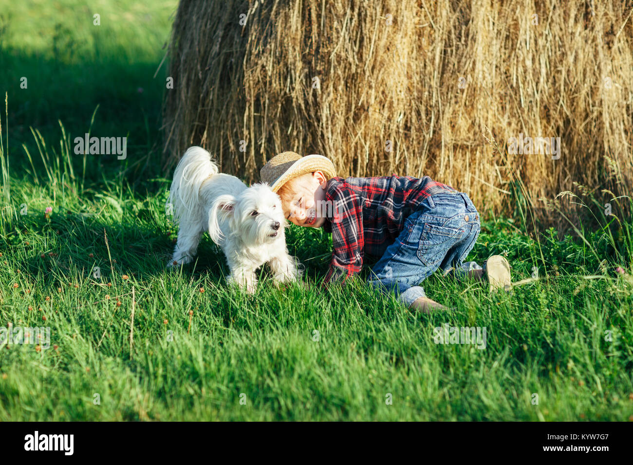 Little boy playing with dog près de botte dans la nature. Jeune homme caresses, étreintes, d'accidents vasculaires cérébraux et des rayures le chien derrière elle, écoute dans l'air frais de la campagne. S Banque D'Images