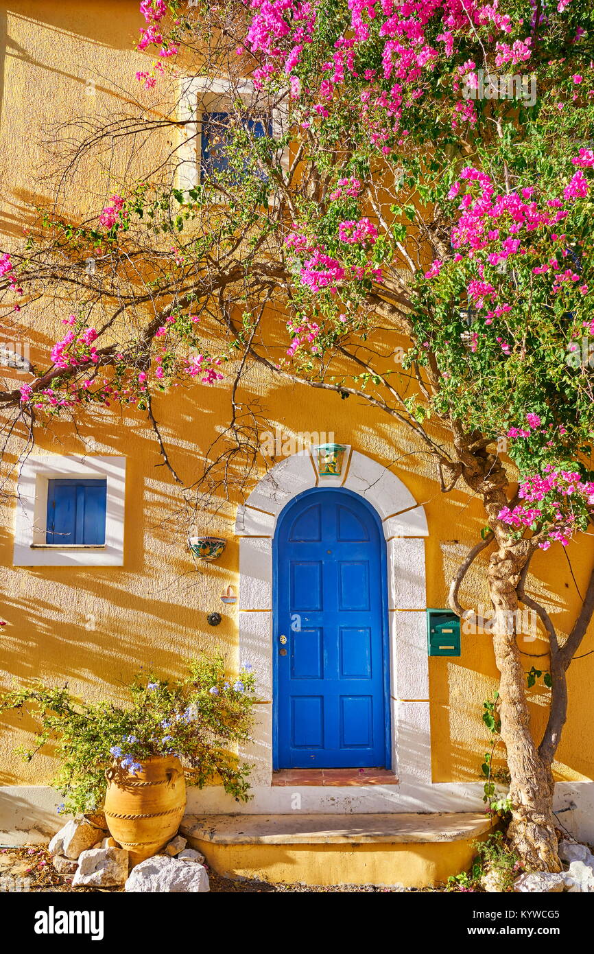 Maison traditionnelle grecque avec des fleurs de bougainvilliers, village d'Assos, l'île de Céphalonie, Grèce Banque D'Images