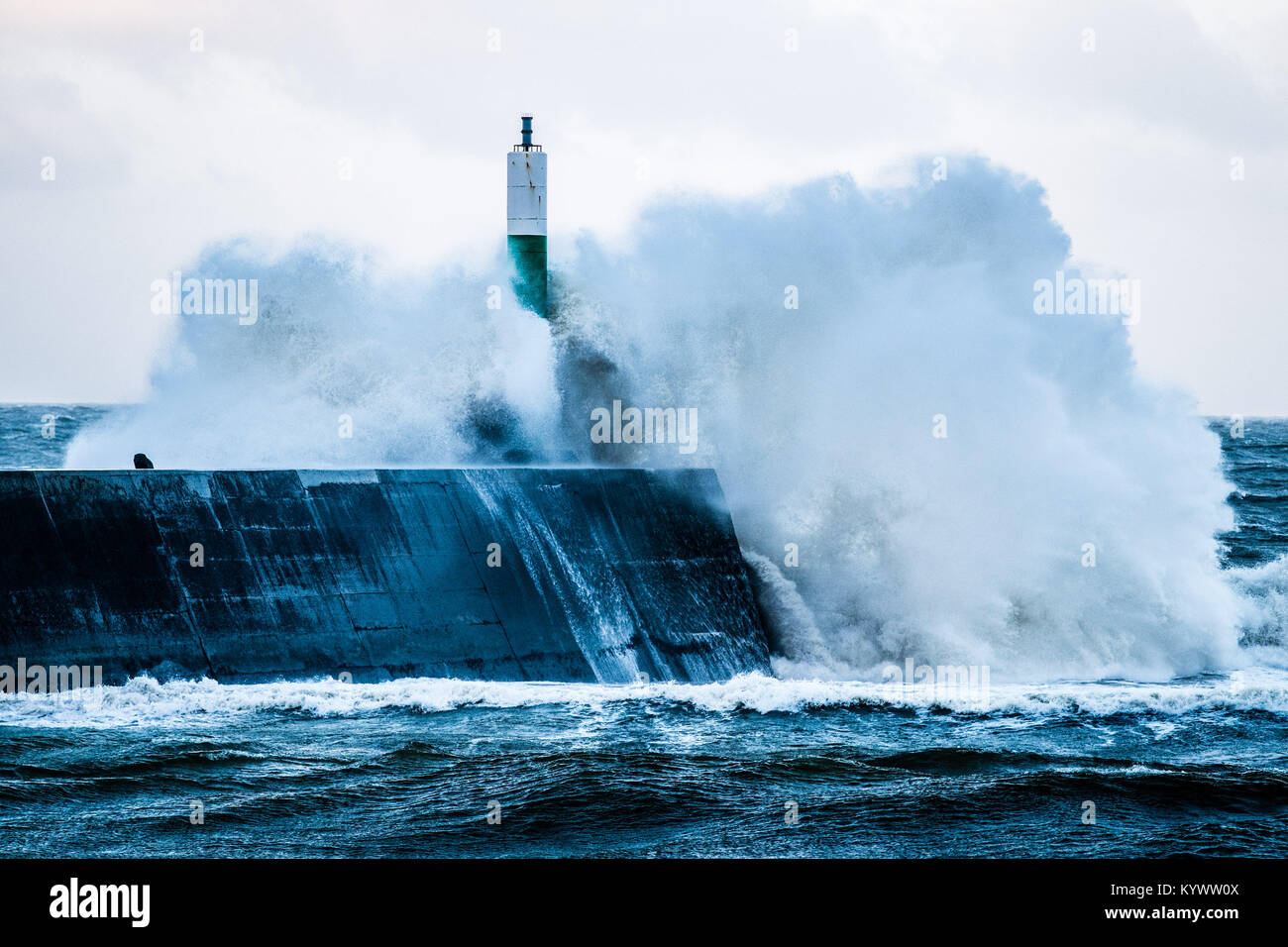 Pays de Galles Aberystwyth UK Mercredi 17 janvier 2018 Météo France : Le bord d'Fionn tempête à coups de vent apporte d'énormes vagues se briser dans la mer de défense à Aberystwyth, sur la côte ouest de la Baie de Cardigan au Pays de Galles à la première lumière aujourd'hui. Credit : Keith morris/Alamy Live News Banque D'Images