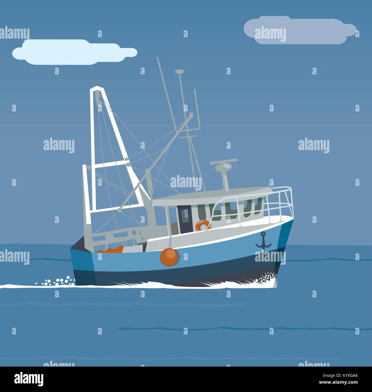 Bateau de pêche en mer, bateau dans les vagues Illustration de Vecteur
