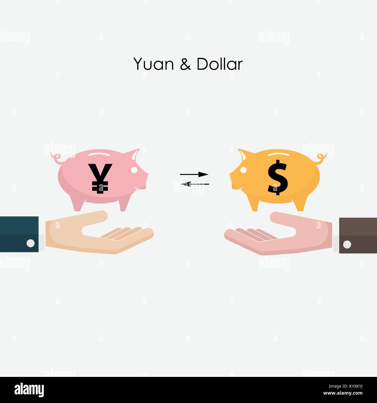 Main humaine avec US dollar piggy d'icône et Yuan piggy sign.Dollar et Yuan concept change.L'investissement de capitaux sign.Vector illustration. Illustration de Vecteur