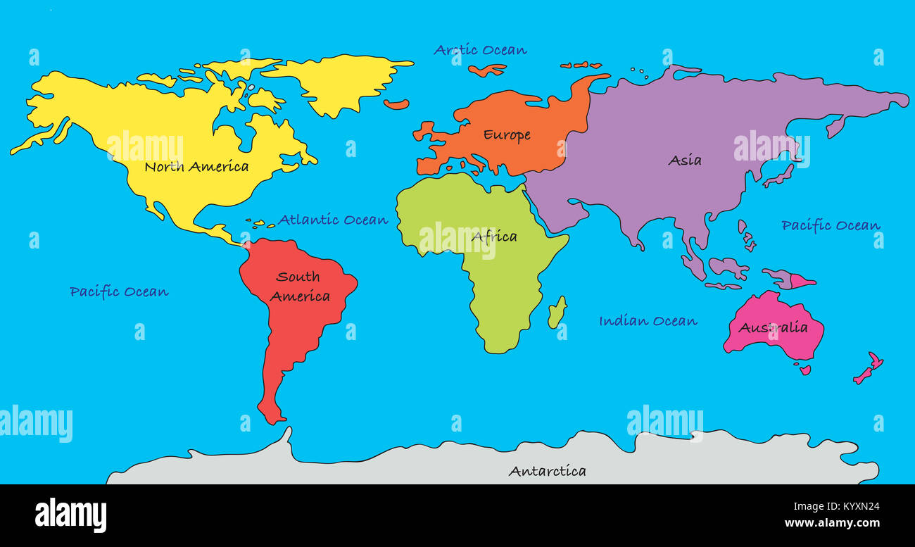 Carte du monde avec les continents en différentes couleurs ...