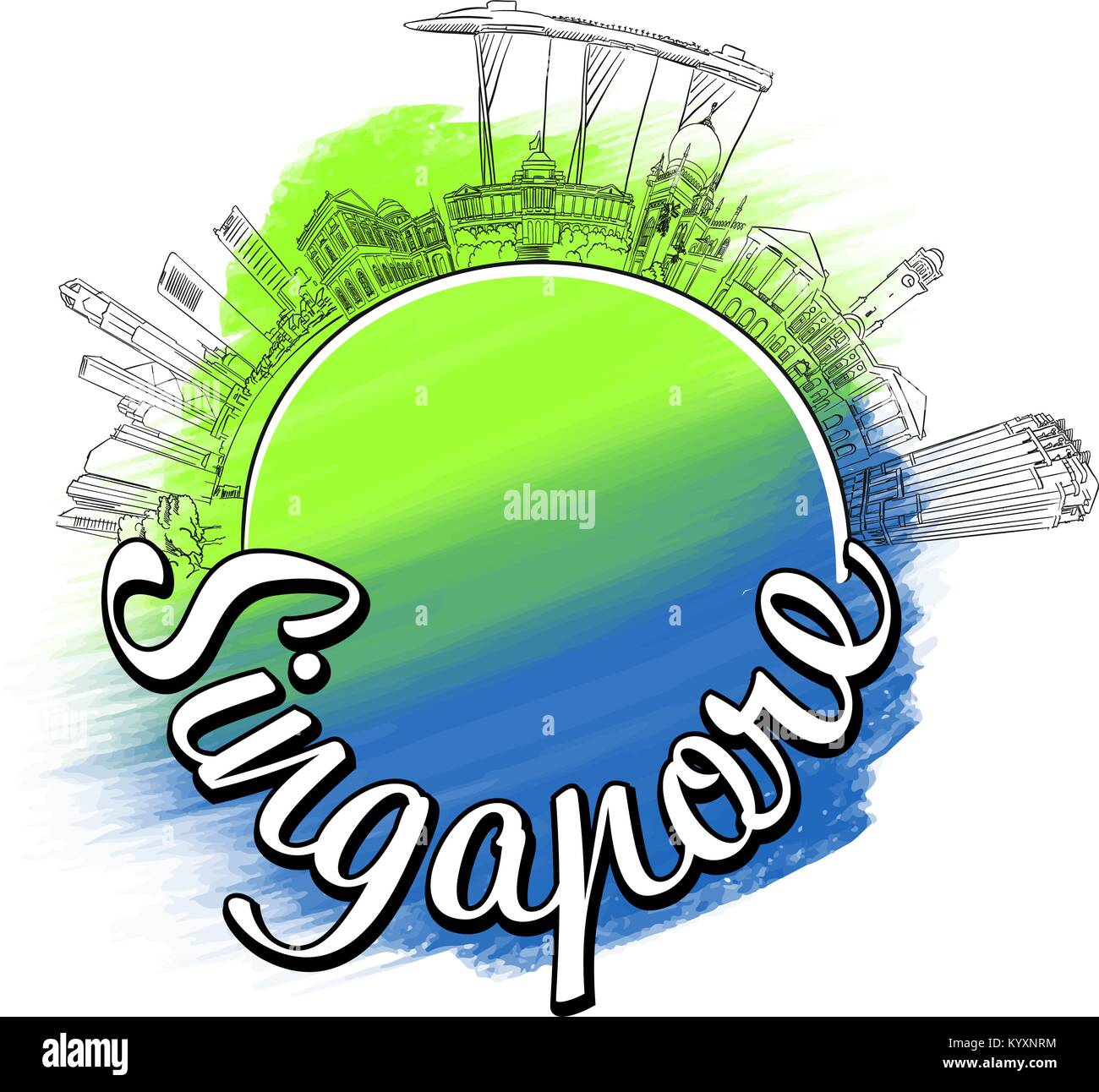 Voyage Singapour croquis logo. Toits de couleur de fond à l'aquarelle d'illustration vectorielle et typo. Illustration de Vecteur