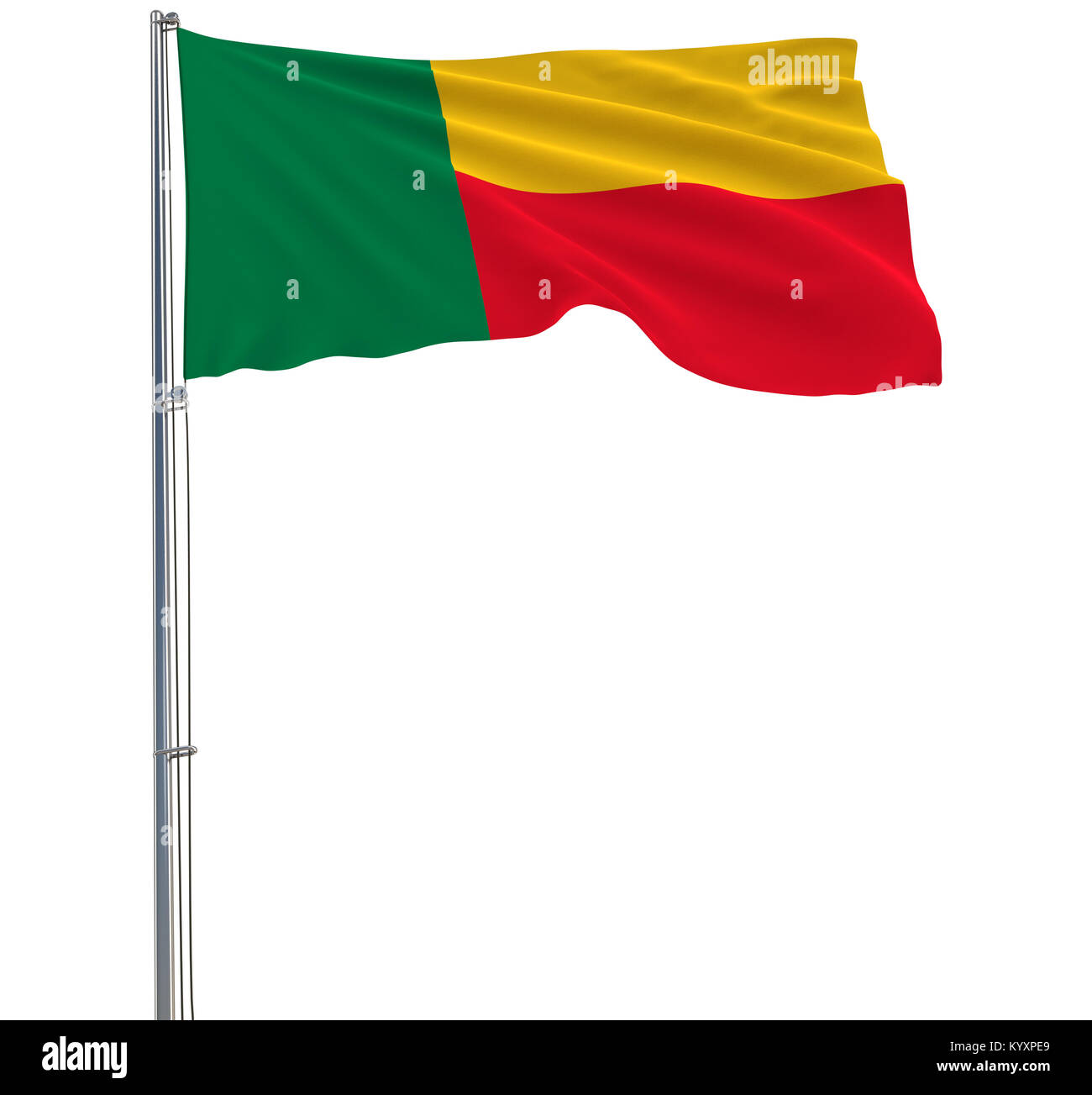 Drapeau du Bénin à isoler un mât voltigeant dans le vent sur un fond blanc, 3D Rendering Banque D'Images