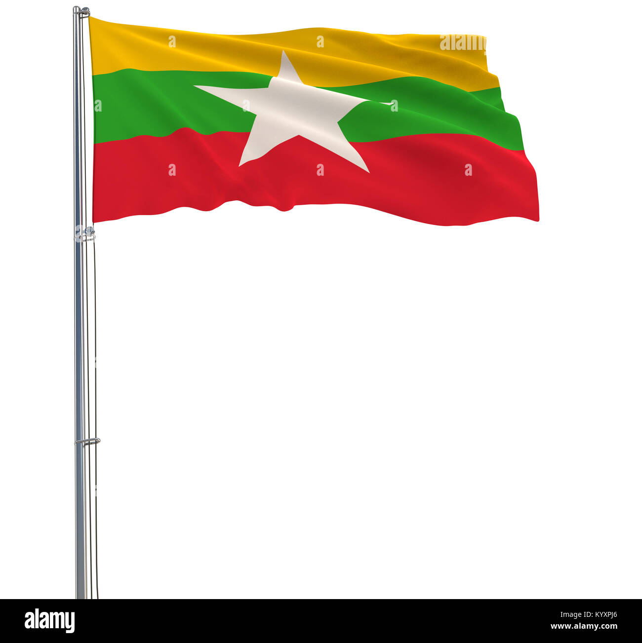 Pavillon d'isoler le Myanmar sur un mât voltigeant dans le vent sur un fond blanc, 3D Rendering Banque D'Images