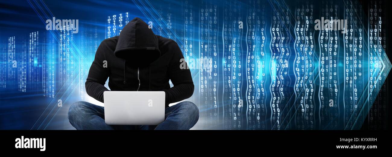 Hacker code informatique anonyme avec interface binaire Banque D'Images