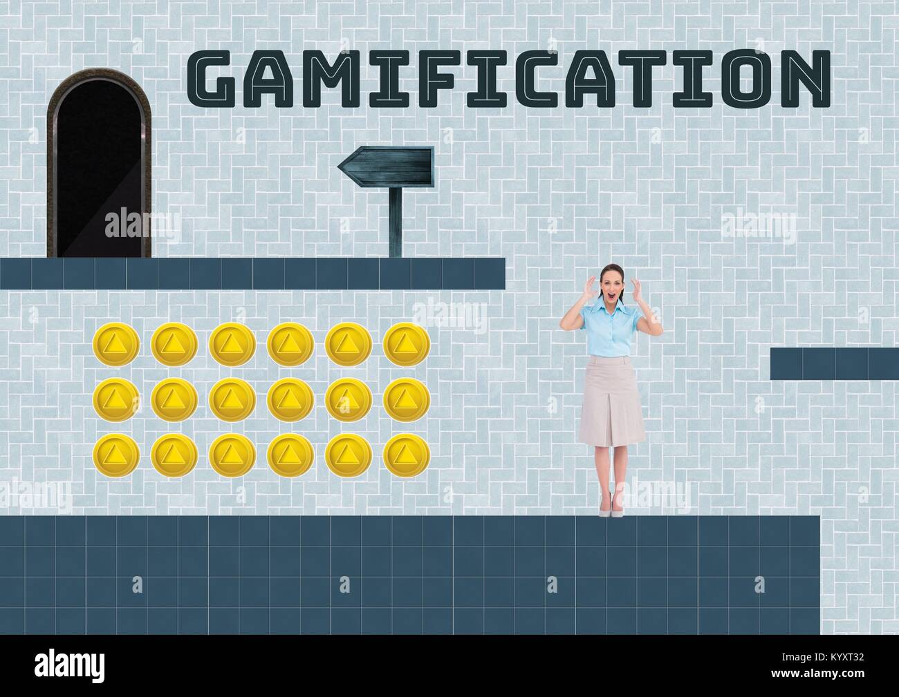 Gamification texte et femme au niveau de jeu d'ordinateur avec des pièces Banque D'Images