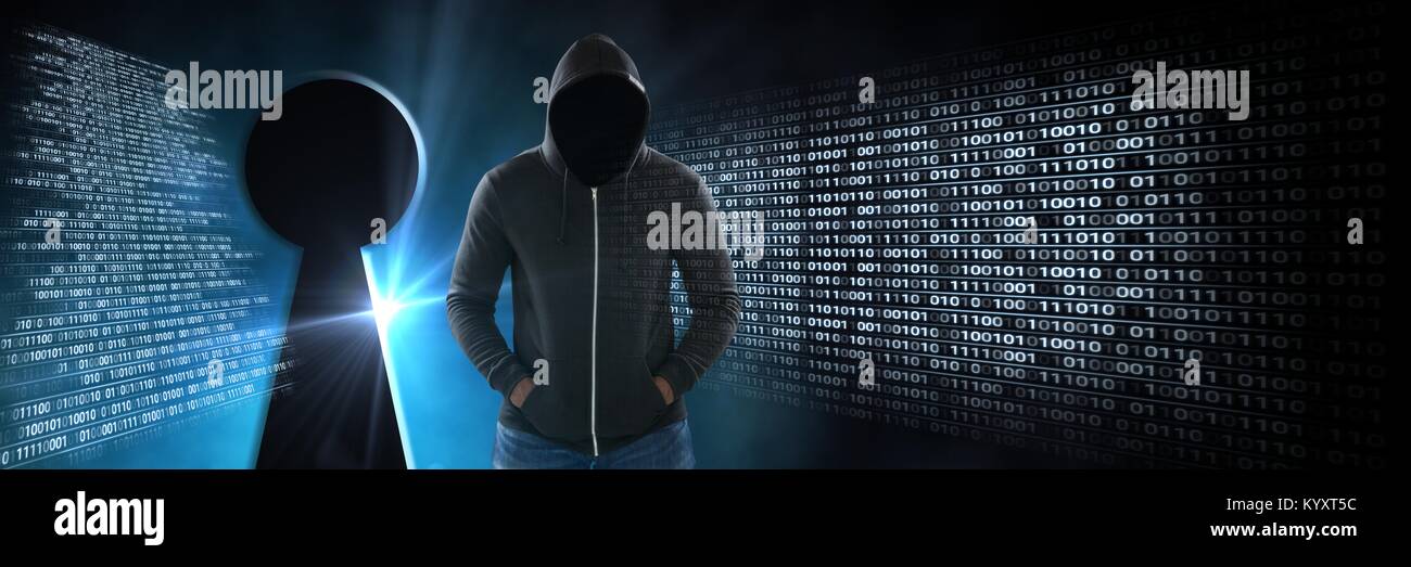 Hacker code informatique anonyme avec interface binaire et serrure Banque D'Images