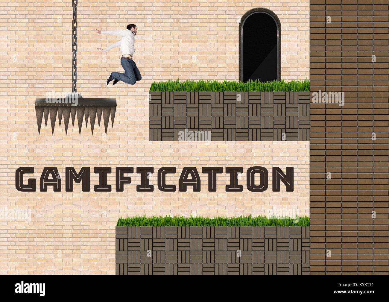 Gamification texte et Man en niveau de jeu de l'ordinateur et les pièges Banque D'Images