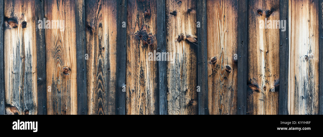 Mur de planches délavées vintage avec nœuds. Rayures marron texture panoramique à partir de bois en arrière-plan. Banque D'Images