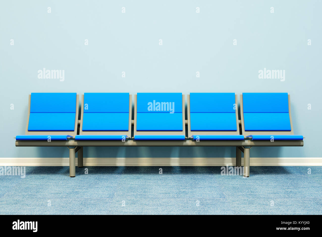 Cinq sièges dans une rangée contre un mur dans une salle vide - salle d'attente, l'hôpital, les médecins de médecine, concept d'entrevue d'emploi Banque D'Images