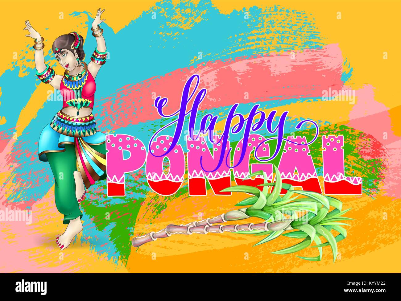 Happy Pongal - célébration de l'art contemporain au design south Indian festival d'hiver à coups de brosse de fond avec la danse des femmes, vector illustration Illustration de Vecteur