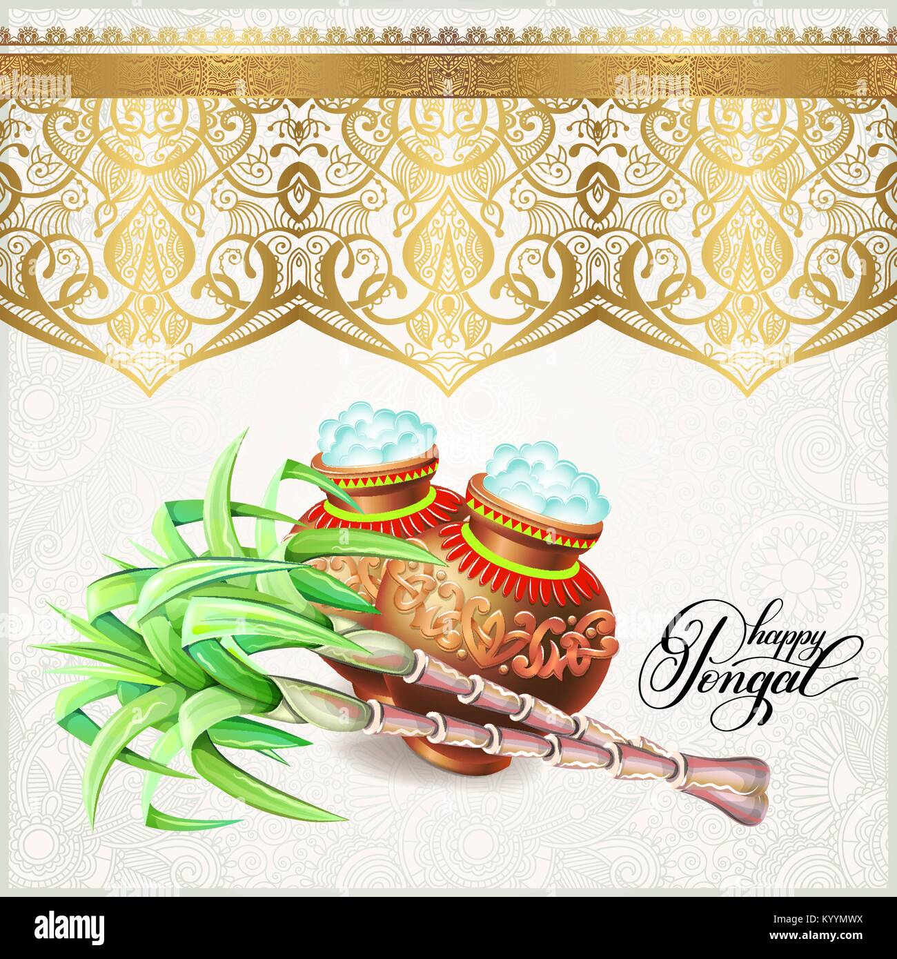 Happy pongal carte de souhaits pour la fête des moissons de l'Inde du sud, vector illustration Illustration de Vecteur