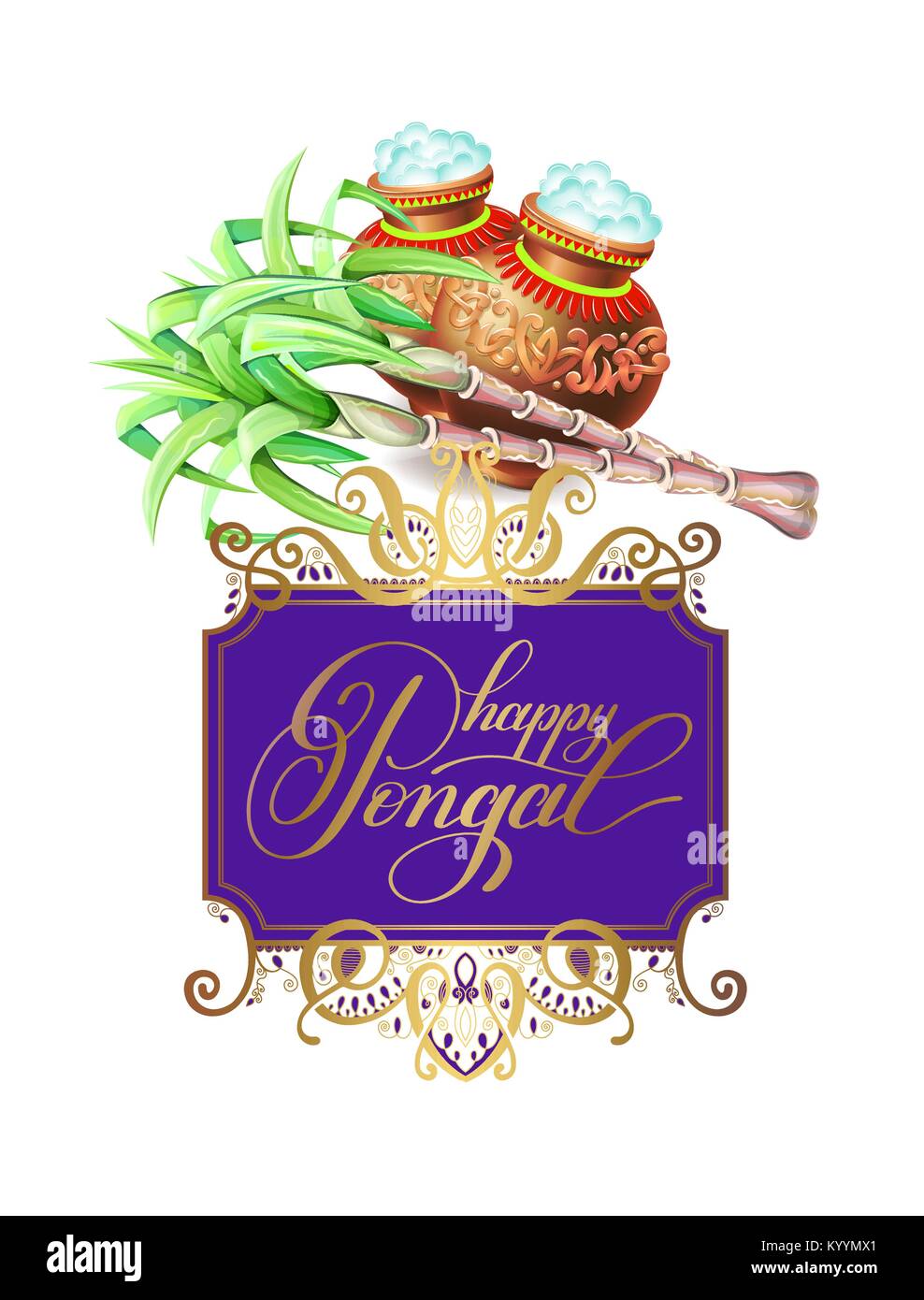 Happy pongal carte de souhaits pour la fête des moissons de l'Inde du sud, vector illustration Illustration de Vecteur