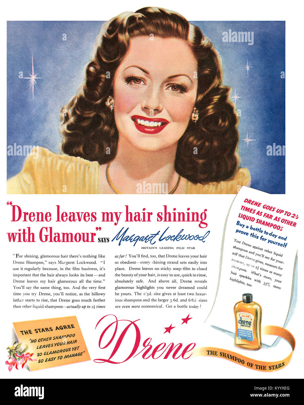 1948 La publicité pour le shampooing Drene, avec l'actrice Margaret Lockwood. Banque D'Images