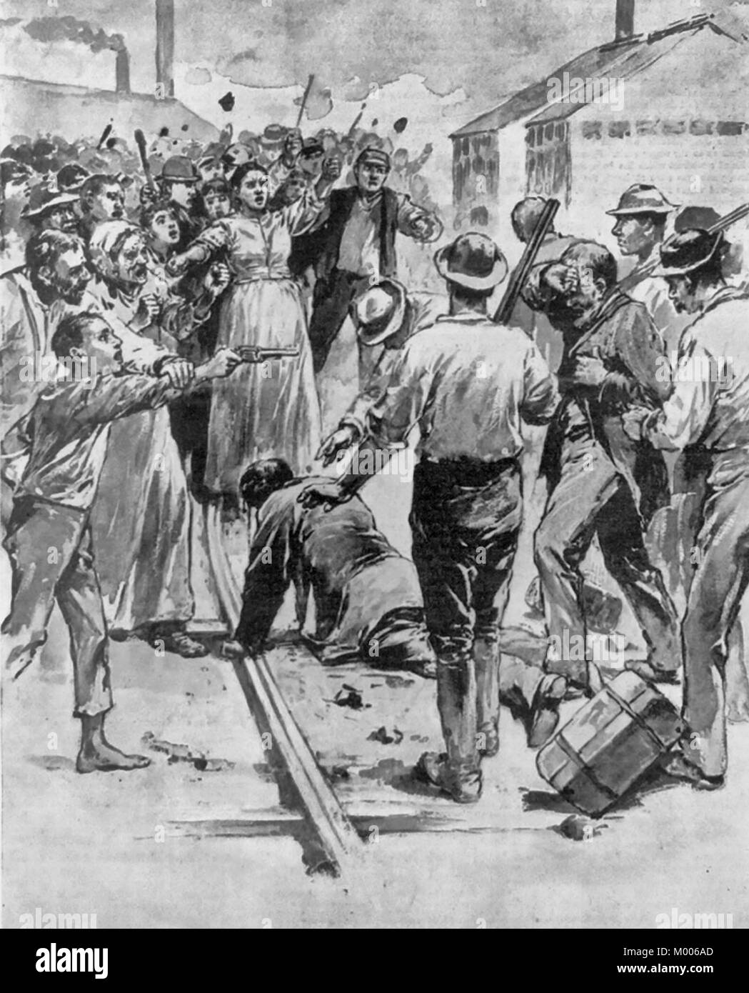 Les problèmes du travail à Homestead, Pennsylvanie - Attaque des grévistes et leurs sympathisants sur les remises Pinkerton les hommes. Juillet 1892 Banque D'Images