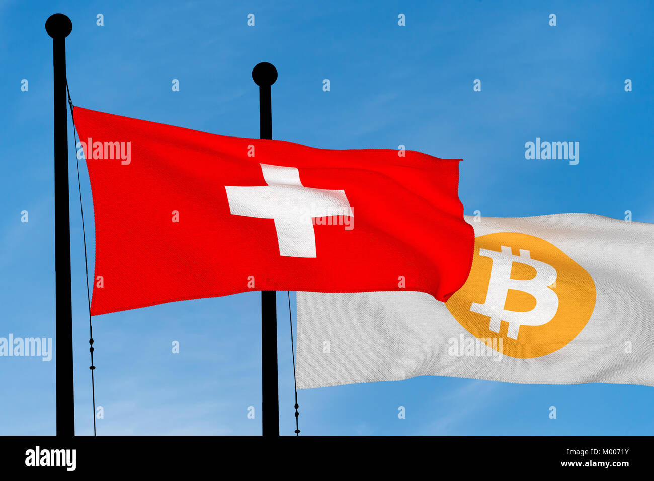 Drapeau suisse et de brandir le drapeau des Bitcoins sur ciel bleu (rendu 3D) Banque D'Images