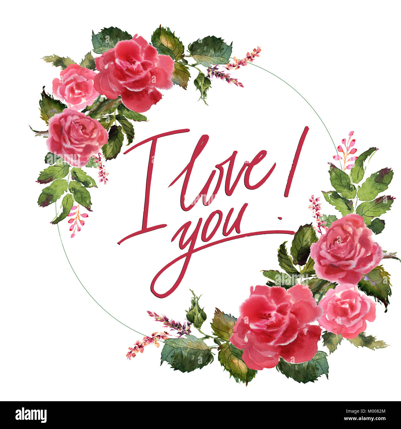 Valentine Flower Wreath. Aquarelle Dessin illustration de fleurs avec l'inscription je t'aime Banque D'Images