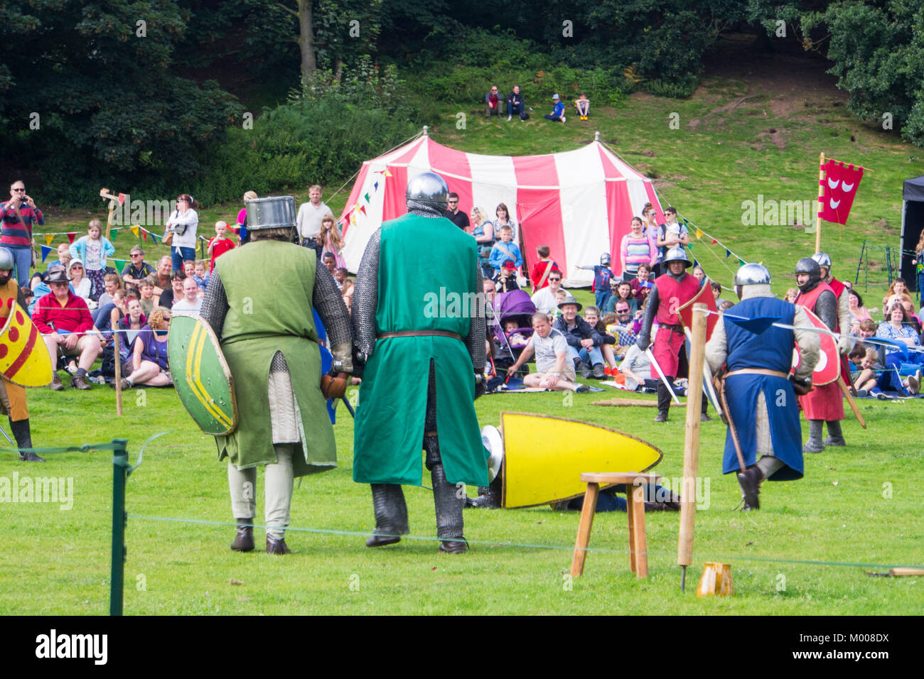 Une bataille re-enactment en raison de Maiden Castle dans Cheshire, Royaume-Uni. Banque D'Images