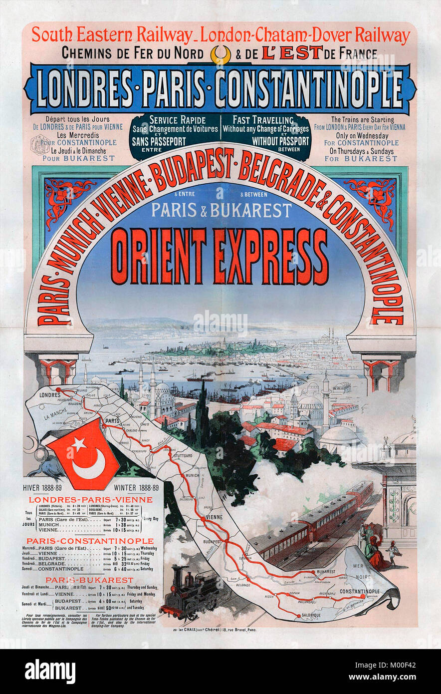 Affiche publicitaire de l'Orient Express voyage entre Londres et Constantinople (Istanbul) en 1888. Banque D'Images