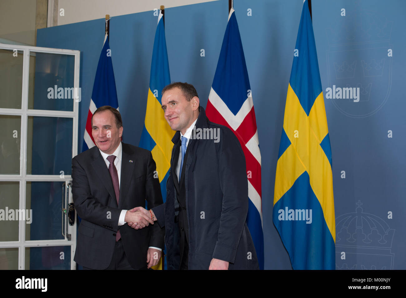 Stockholm, Suède, le 17 janvier, 2018. Du 17 au 19 janvier, le président de l'Islande Guðni Thorlacius Jóhannesson, visiter la Suède à l'invitation du roi. Le président Jóhannesson visiter la Suède avec son épouse, Eliza Jean Reid. PM Suédois Stefan Lofven reçoit le président de l'Islande Guðni Thorlacius Jóhannesson, à Rosenbad, siège du gouvernement. Credit : Barbro Bergfeldt/Alamy Live News Banque D'Images