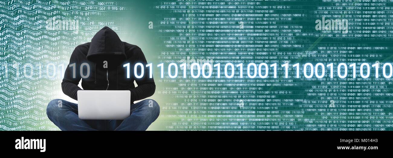 Hacker code informatique anonyme avec interface binaire Banque D'Images