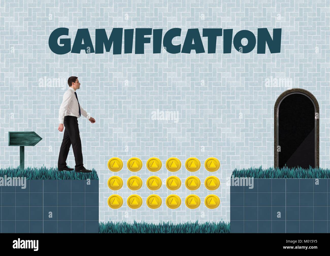Gamification texte et homme d'affaires de niveau avec des pièces de jeu d'ordinateur Banque D'Images