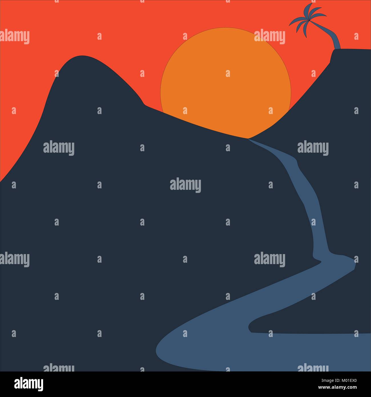 Du côté de la rivière au coucher du soleil sur la montagne Illustration de Vecteur