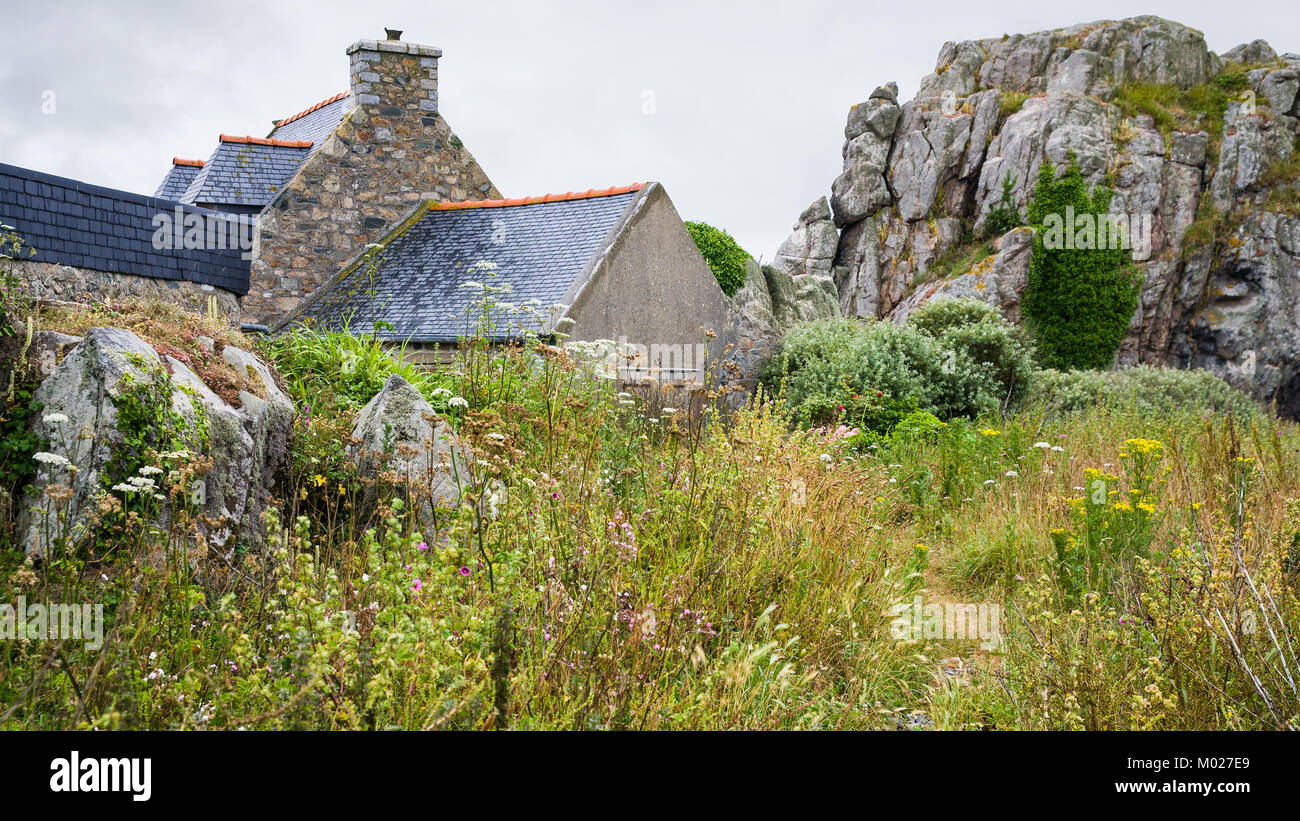 Voyage en France - maison en pierre traditionnelle bretonne et rochers à Plougrescant ville des Côtes-d'Armor en Bretagne au jour d'été pluvieux Banque D'Images