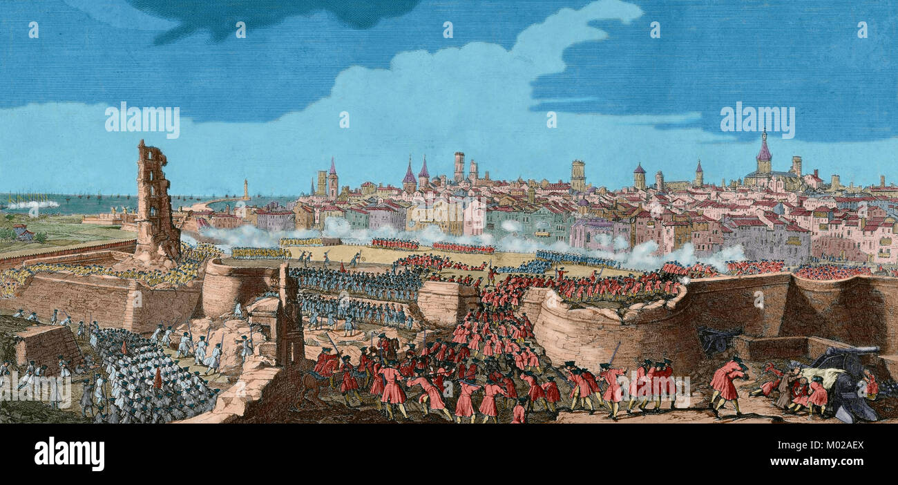 Guerre de Succession d'Espagne (1702-1715). L'entrée des troupes de Philippe V à Barcelone en 1714, les lacunes d'ouverture dans le mur de la ville avec des armes et des mines, à rendre l'endroit. Dessin de P. Rigaud et gravure de M. Engelbrecht, 1722. De couleur. Banque D'Images