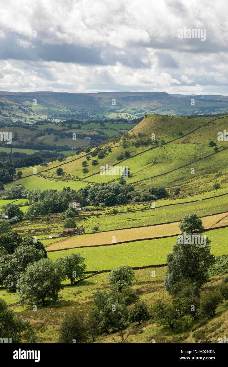 Belle campagne près de Chinley dans la zone de crête élevée de Derbyshire, Angleterre le long d'une journée d'été. Banque D'Images