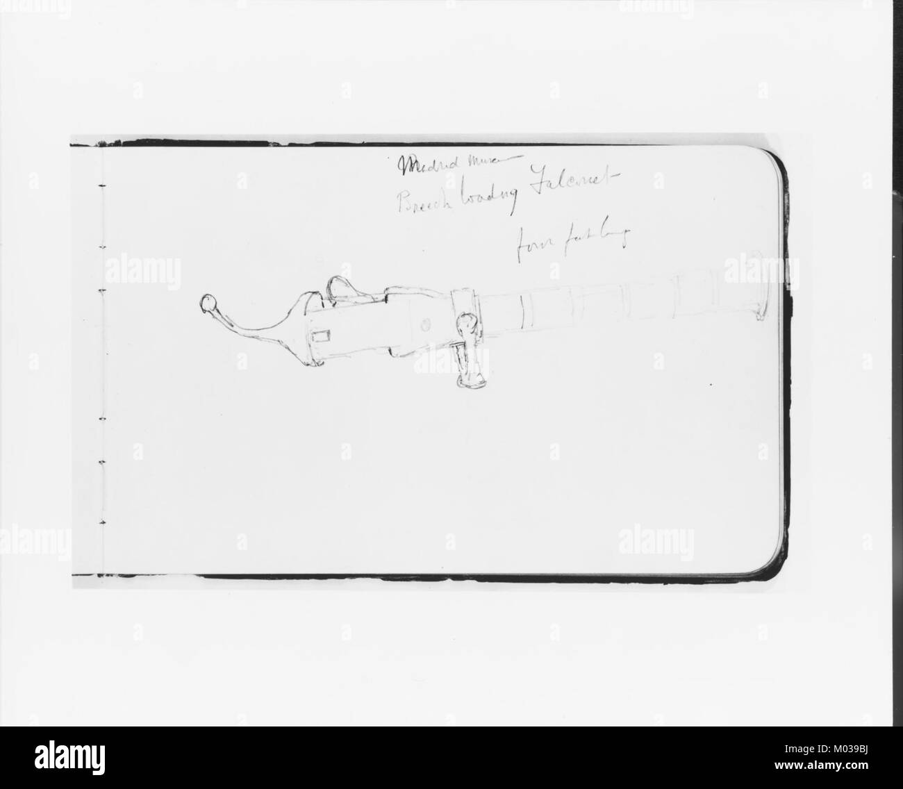 Fauconet à chargement par la culasse, comme représenté dans un carnet de croquis. Le fauconet est un petit canon, historiquement utilisé pour l'artillerie à courte portée. Le croquis met en évidence sa conception et sa structure, mettant l'accent sur les éléments fonctionnels et les détails du mécanisme de chargement par la culasse utilisé dans les débuts de l'artillerie. Banque D'Images