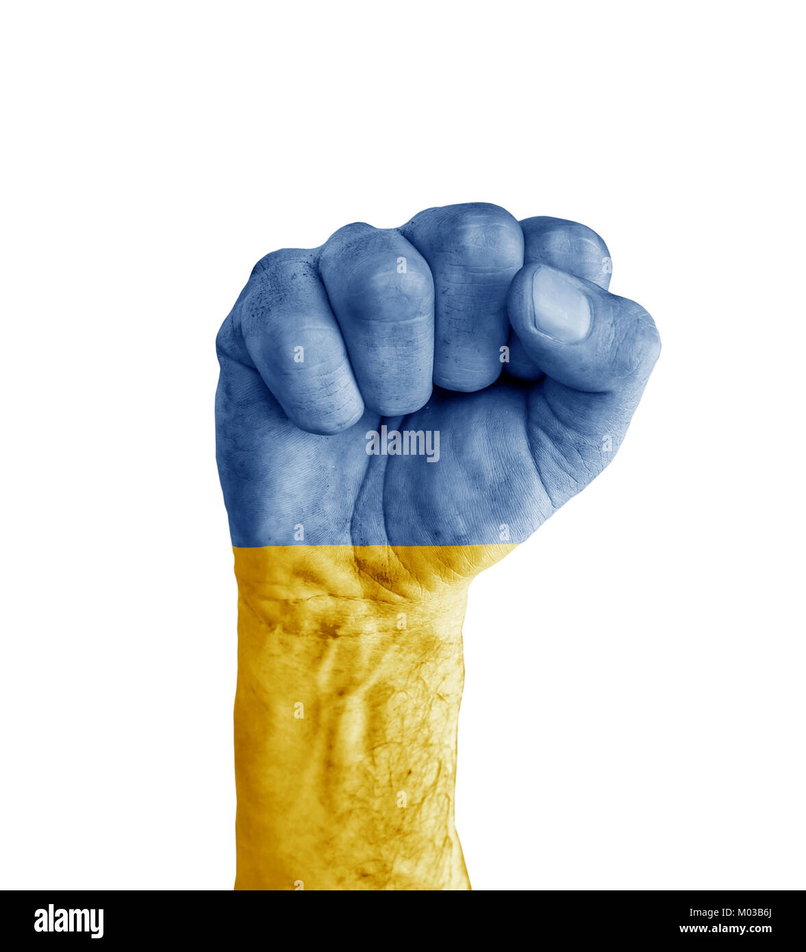 Drapeau de l'Ukraine a peint des fist comme symbole de victoire Banque D'Images