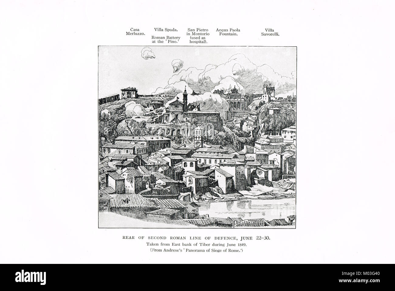 La deuxième ligne de défense romain, juin 1849, à partir de la rive est du Tibre, de la défense de la République Romaine de 1849 Banque D'Images