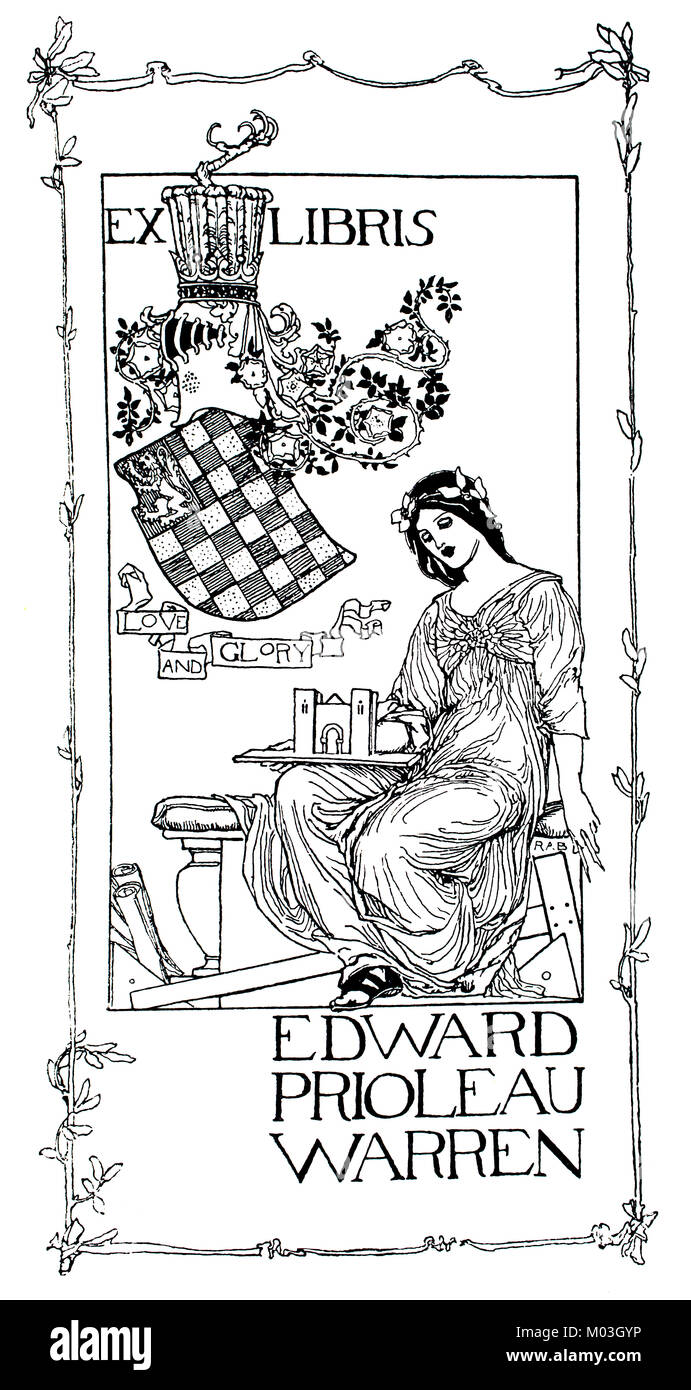 Ex-libris ex-libris bibliothèque pour Edward Warren par R Anning Bell, illustration de la ligne de 1893 Le Studio un magazine illustré de fines et arts appliqués Banque D'Images