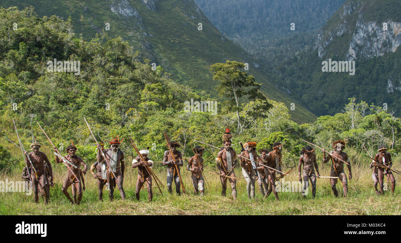 Le groupe armé des Papous. Groupe de Guerriers de la tribu Dugum Dani se préparer à la guerre. 4 juin 2016, l'île de Nouvelle Guinée. Banque D'Images