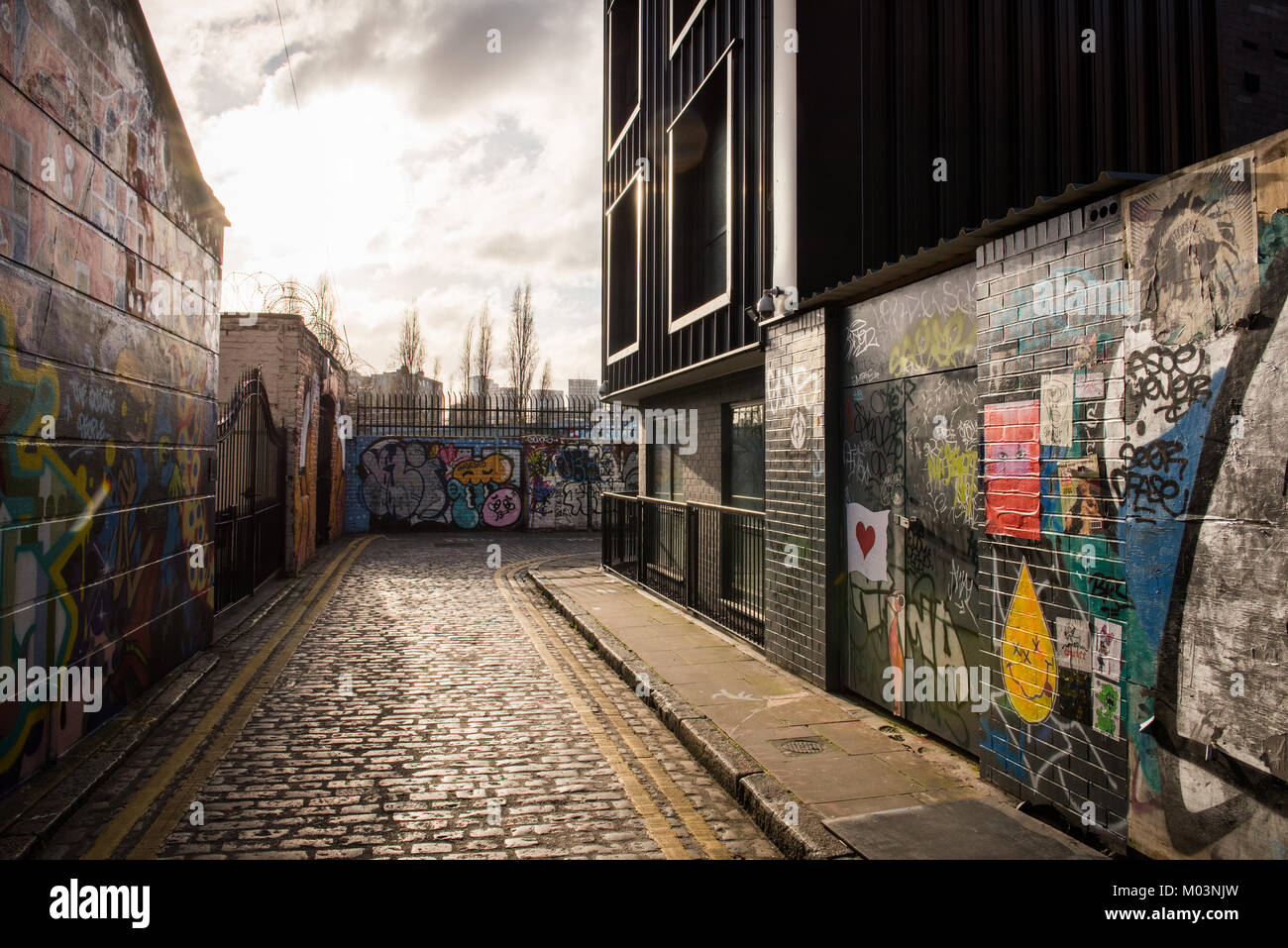 Grimsby Street, près de Brick Lane dans l'Est de Londres, est l'exemple même de la région où l'art de rue se mêle à l'habitation de style moderne. Banque D'Images