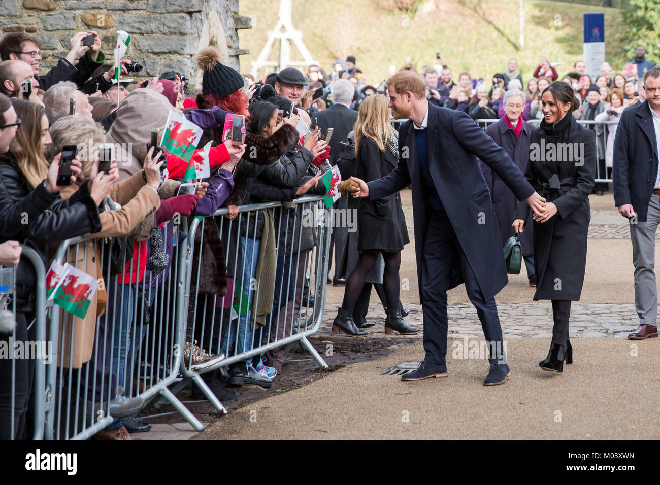 Cardiff, Wales, UK, 18 janvier 2018. Le prince Harry et son fiancé Meghan Markle arriver au château de Cardiff. Credit : Mark Hawkins/Alamy Live News Banque D'Images