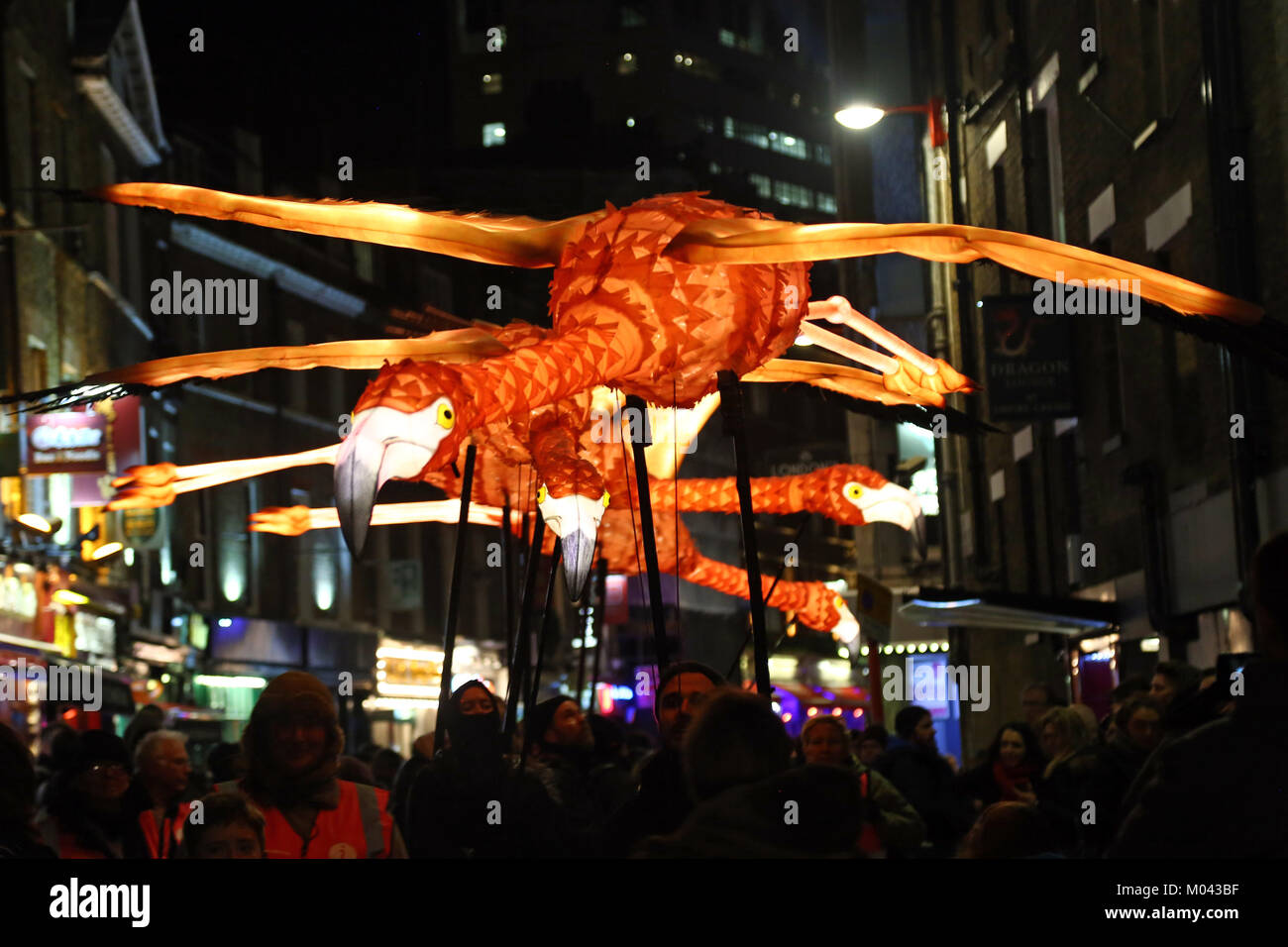 Londres, Royaume-Uni. 18 janvier, 2018. Par voie de Flamingo Company lanterne dans le quartier chinois dans le cadre de la Lumière Lumière Londres Festival à Londres Crédit : Paul Brown/Alamy Live News Banque D'Images
