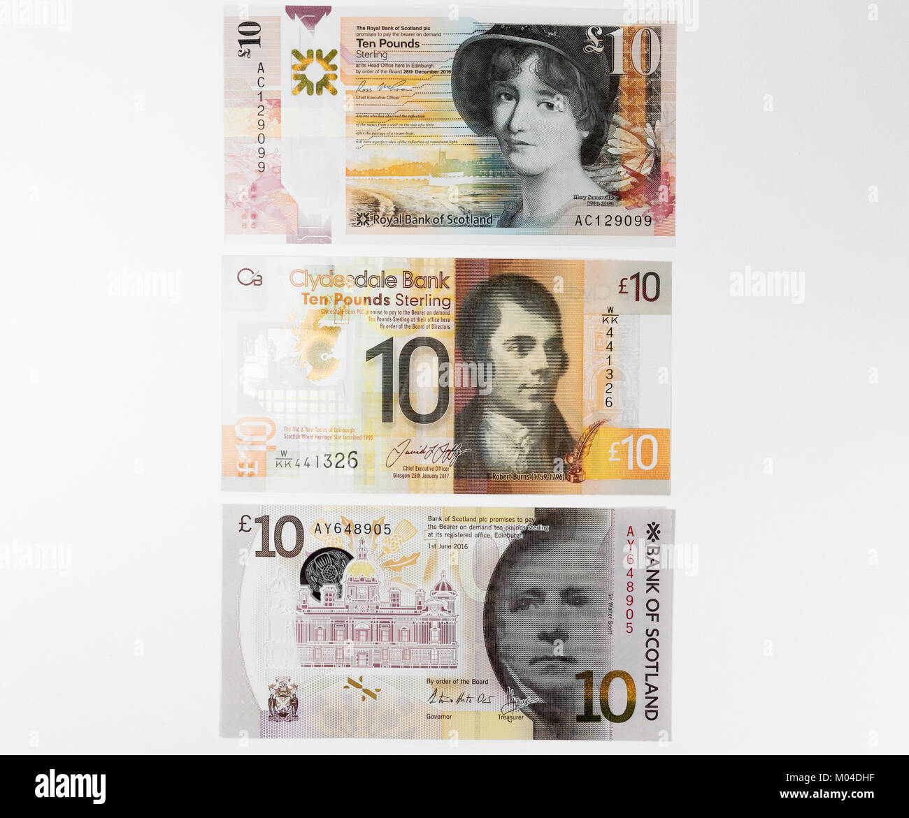 Notes à partir de dix livres écossais Royal Bank of Scotland, Clydesdale Bank et Bank of Scotland avec Mary Somerville, Robert Burns et Sir Walter Scott Banque D'Images