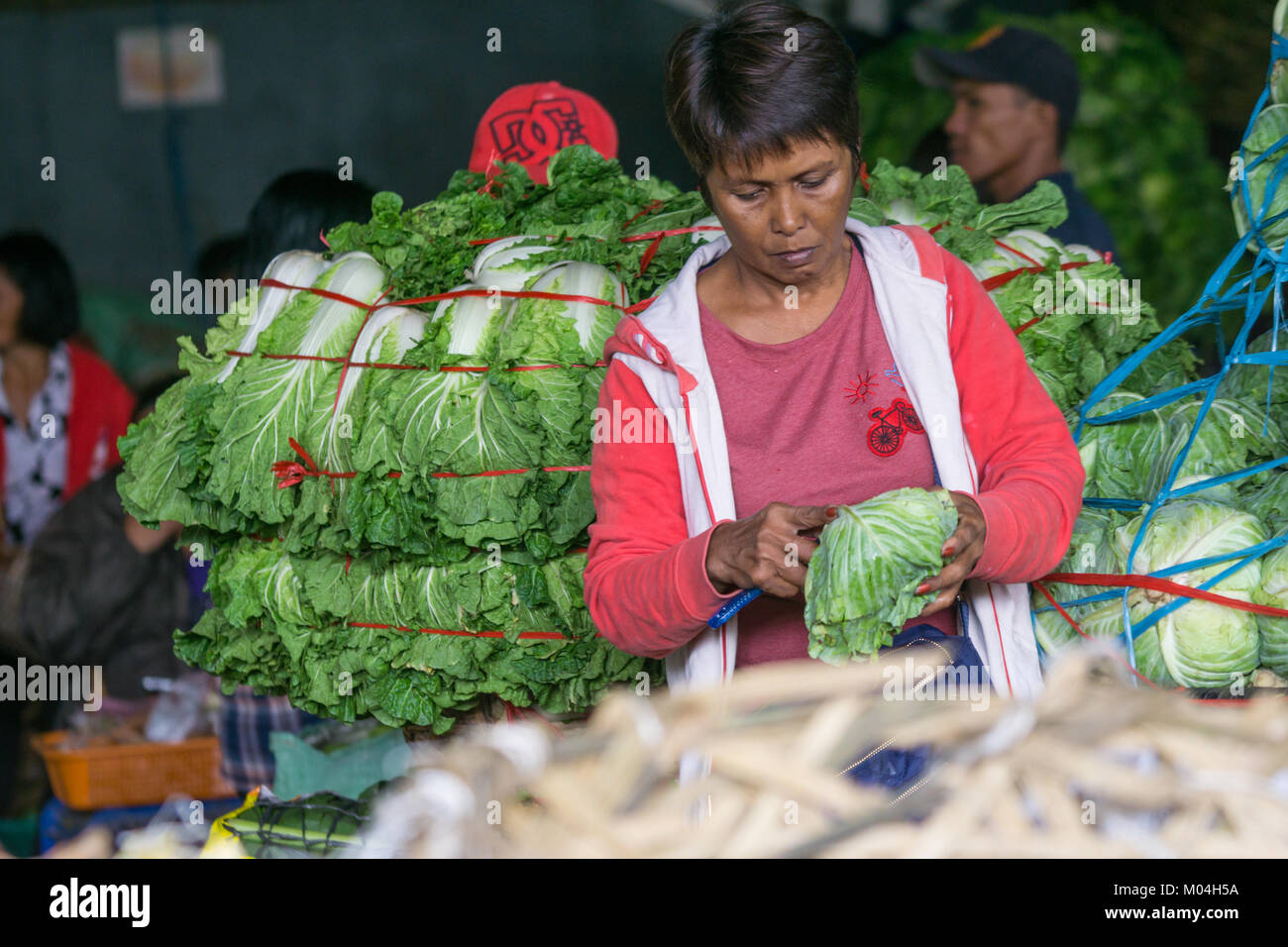 Traders trier & re-pack légumes amenés de zones de montagne,Mantalongon,Marché,Badian de Cebu. Banque D'Images