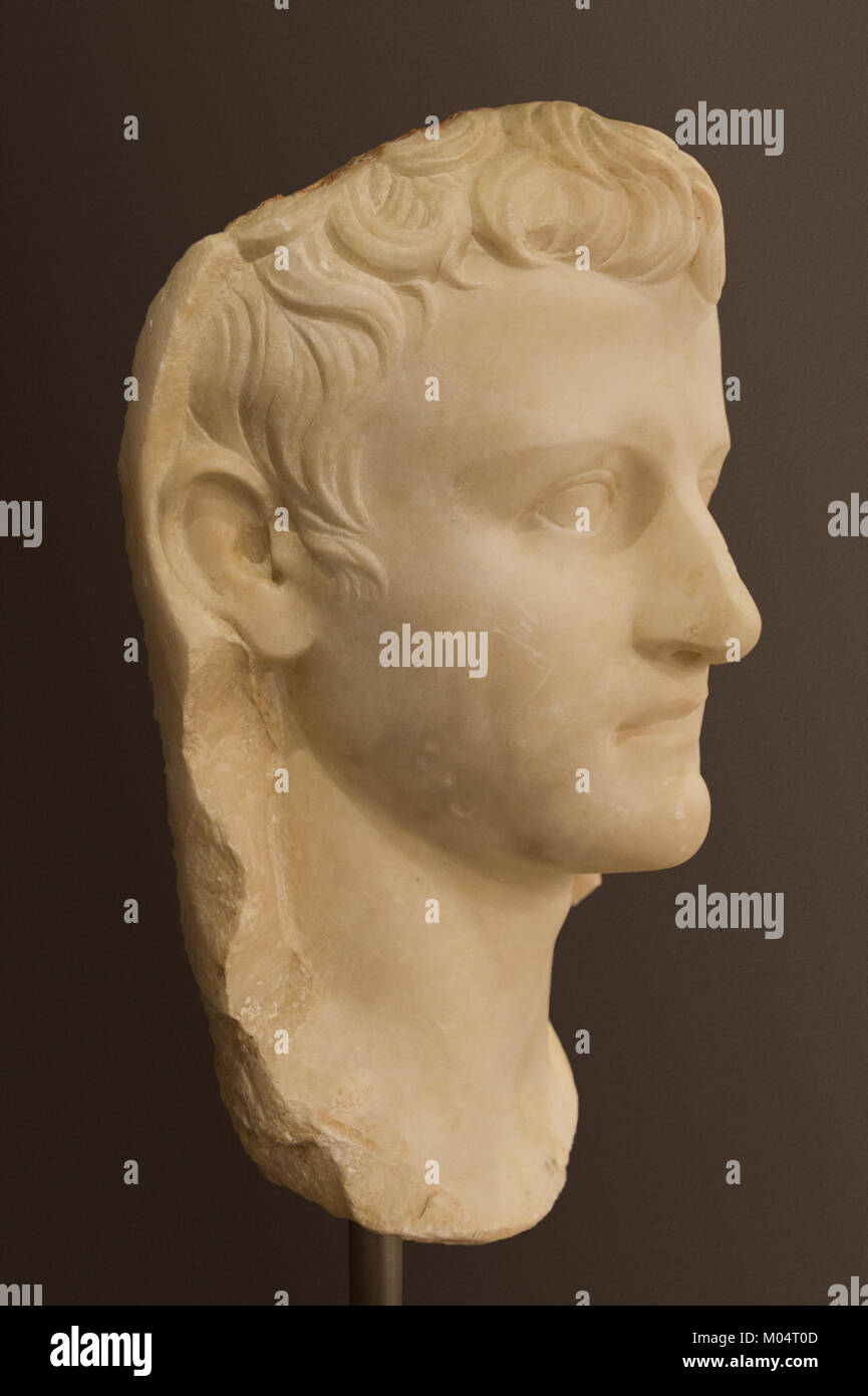 Un chef de Caligula, qui fait partie de la collection archéologique du musée archéologique d'Héraklion, offre un aperçu du portrait impérial romain et du règne de l'empereur tristement célèbre. Banque D'Images