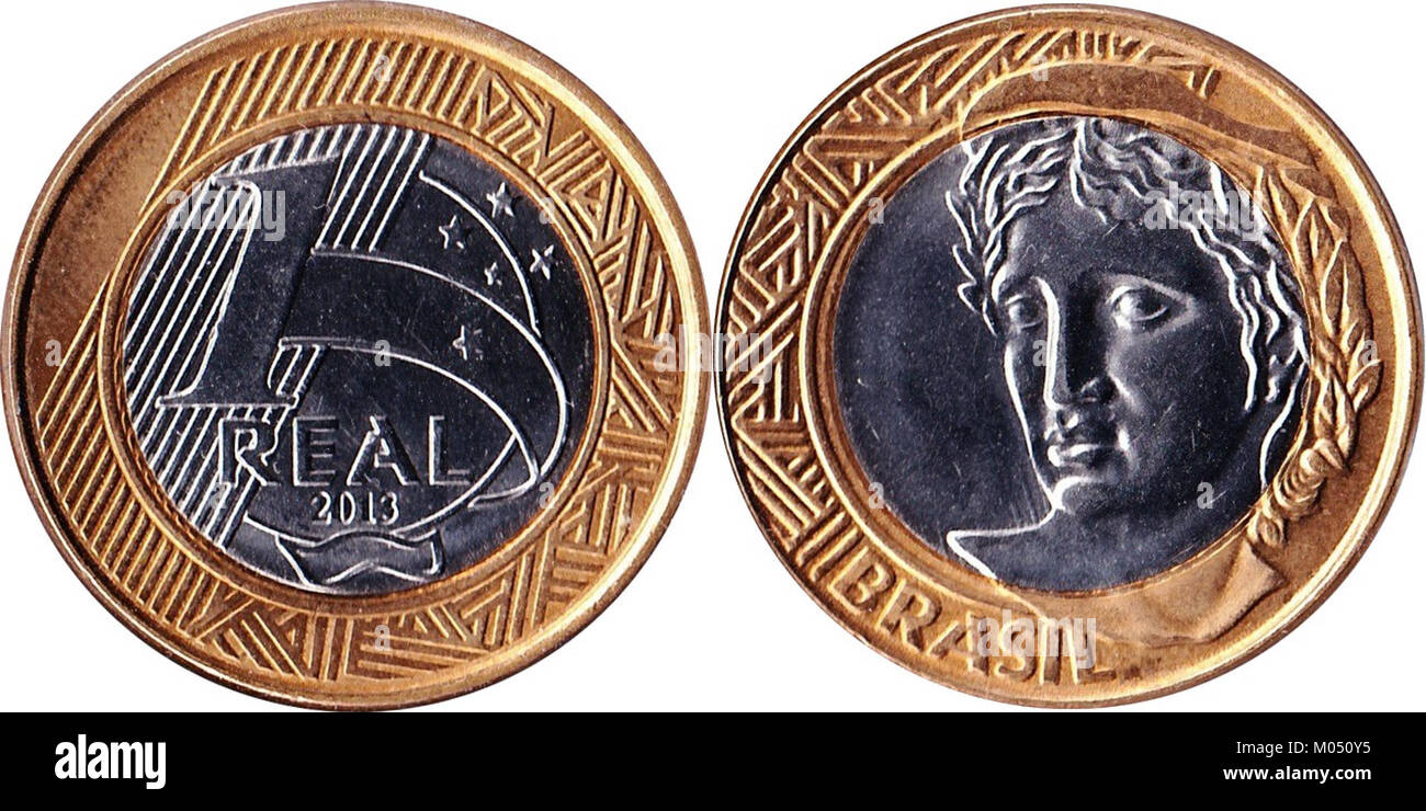 La pièce de R$01 du Brésil émise en 2013 fait partie de la monnaie nationale, reflétant le système monétaire et le statut économique du pays cette année-là. Banque D'Images