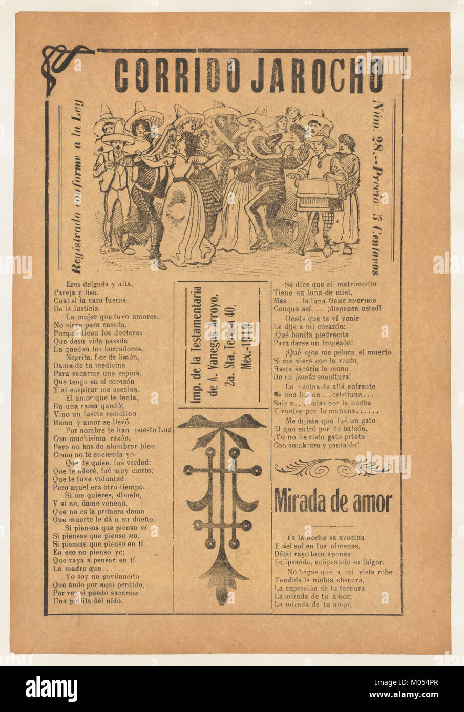 Ce grand format présente deux ballades d'amour corrido, une forme narrative populaire dans la musique folklorique mexicaine. Les ballades sont accompagnées d'images de couples dansant, reflétant l'importance culturelle de la musique et de la danse dans le patrimoine mexicain. Banque D'Images