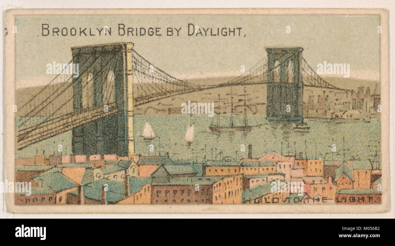Le pont de Brooklyn, montré à la lumière du jour dans cette carte de 1910 de la série Magic Changing Cards, était un symbole emblématique de New York. La carte a été émise par Kinney Tobacco Company dans le cadre de son ensemble de collection. Banque D'Images
