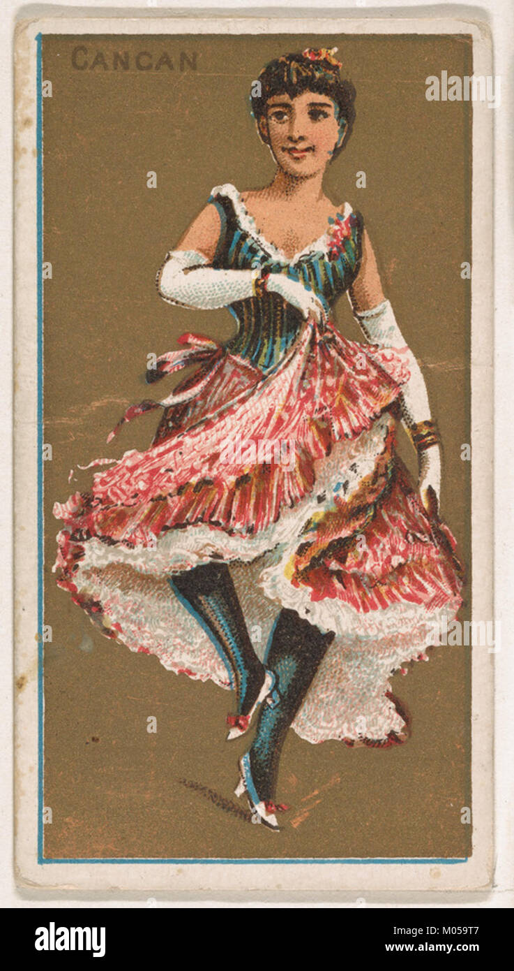 Cette image représente une scène du *Cancan*, qui fait partie de la série danses nationales émise par Kinney Bros Il met en valeur un moment vibrant de cette performance de danse emblématique. Banque D'Images