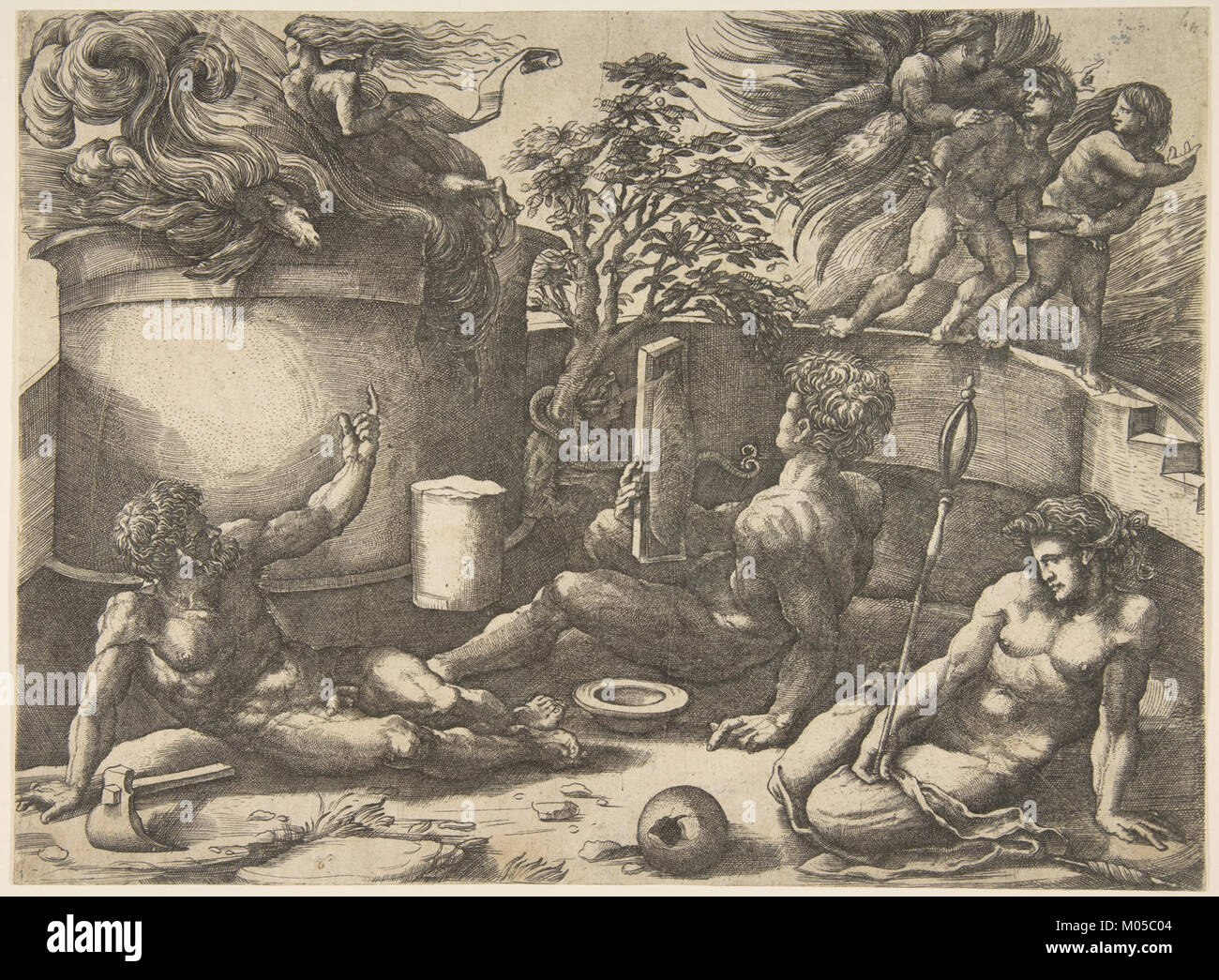 Cette œuvre représente Caïn tenant un miroir alors qu'il était assis près d'Adam et Ève. En arrière-plan, un ange expulse Adam et Ève du Paradis. La scène fait référence aux thèmes bibliques du péché, de la punition et de la rédemption. Banque D'Images