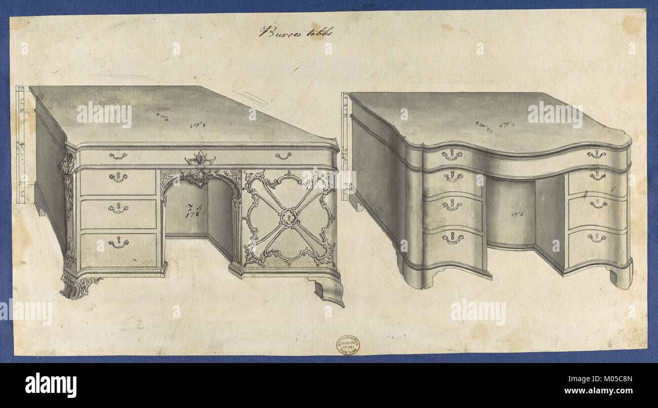 Cette image présente des tables de bureau des dessins de Chippendale, une partie de son travail remarquable de conception de meubles, illustrant l'artisanat du XVIIIe siècle. Banque D'Images