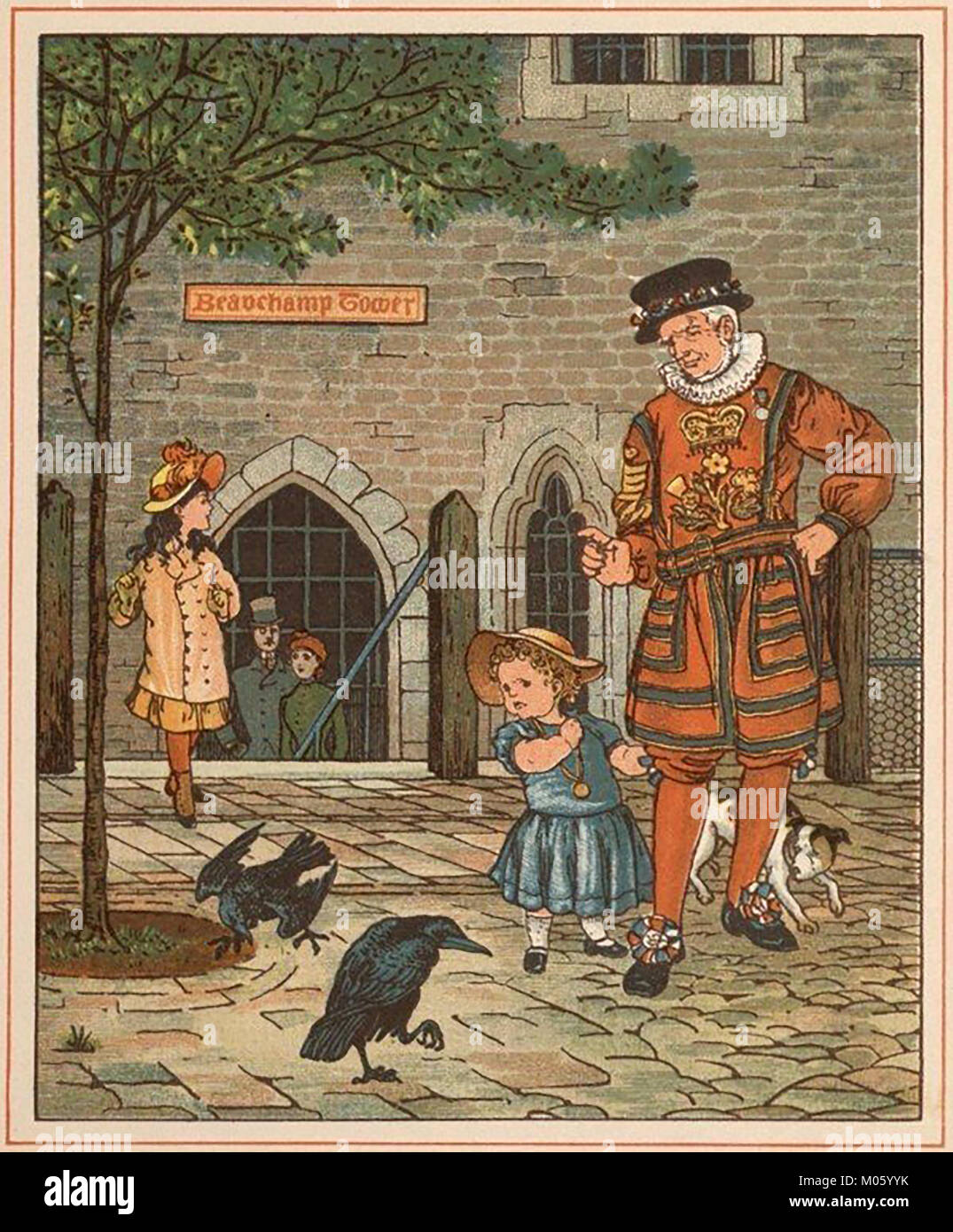 Une près de la Tour Beauchamp Beefeater, Tour de Londres montre une fille le résident les corbeaux - une illustration de l'époque victorienne à partir d'un livre pour enfants - Beefeaters sont officiellement connus sous le nom de gardiens Yeomen of Her Majesty's Royal Palace and Fortress the Tower of London, et des membres de la garde du corps du souverain de l'extraordinaire garde Yeoman Banque D'Images